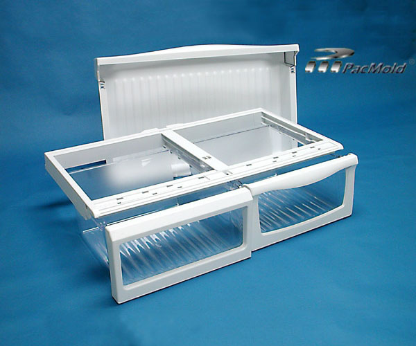 Refrigerator crisper pan, front bezel and frame